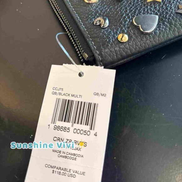 NWT Coach Corner Zip Wristlet Rivets Gunmetal/Black Multi Pebble Leather CCJ75 - Picture 4 of 4